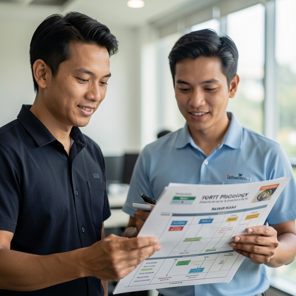 Two sports physiology editors discussing a printed training chart in a calm Jakarta office