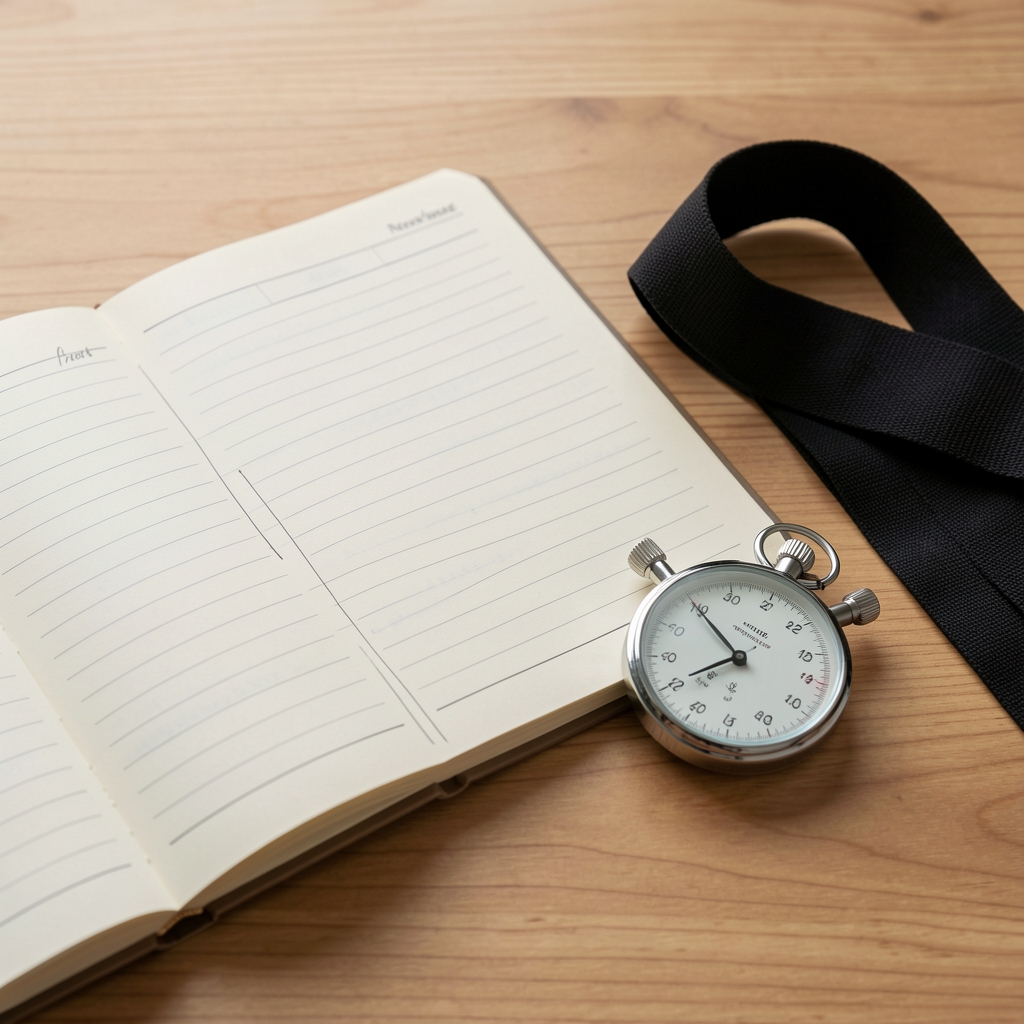 Open notebook beside a stopwatch and resistance band showing a structured training review