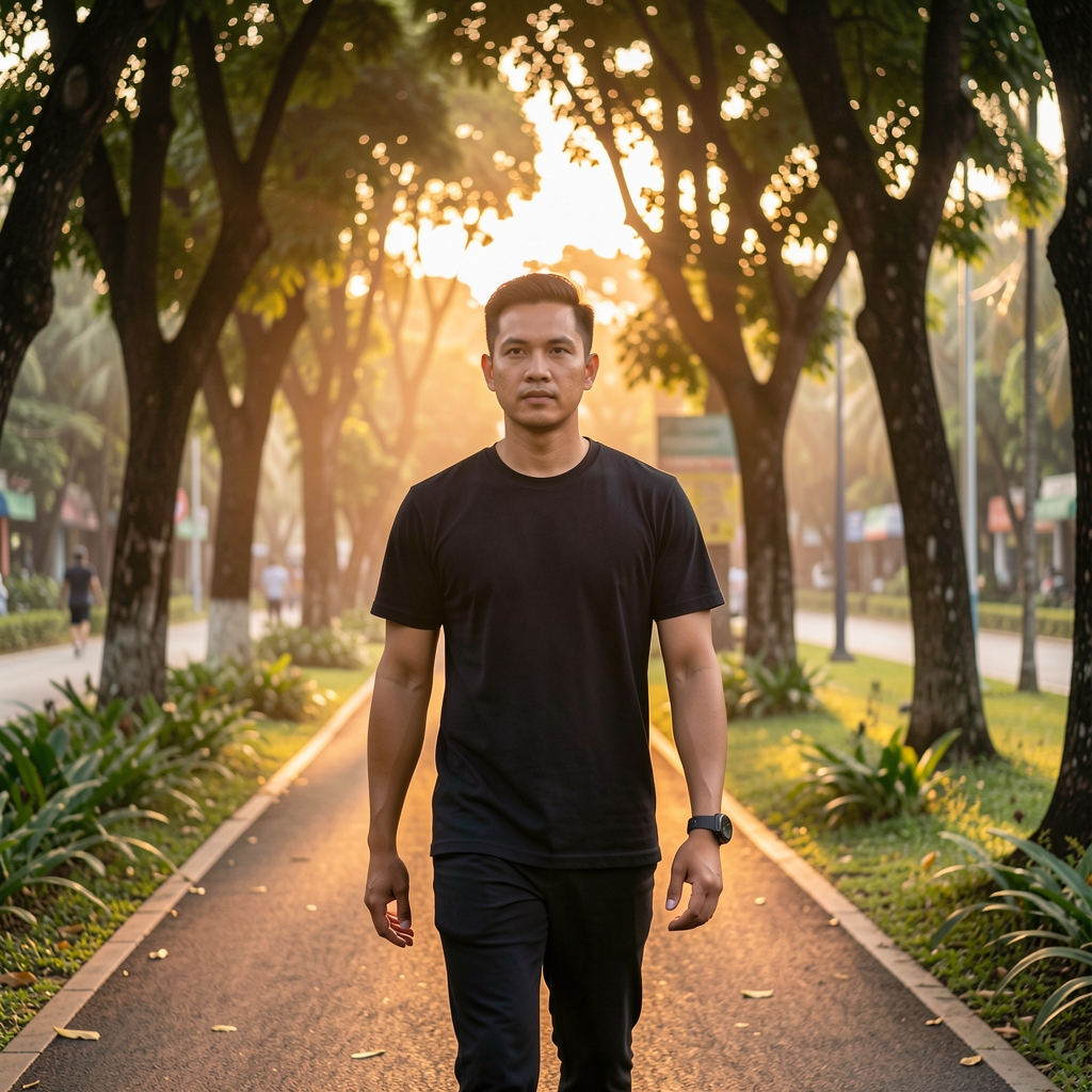 Adult man walking at sunrise along a shaded Jakarta park path with a sports watch visible