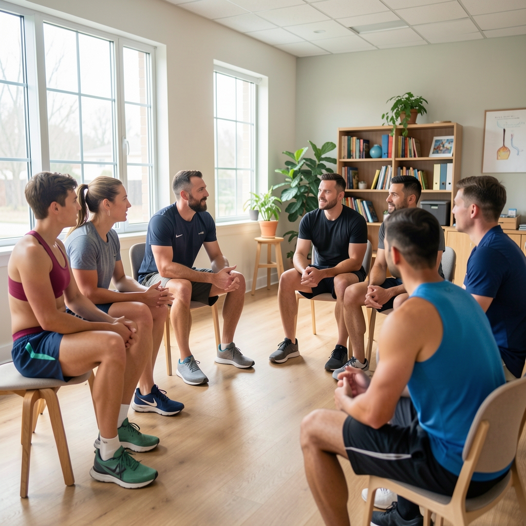 Small group of adult athletes listening to a sports physiology talk in a bright community room