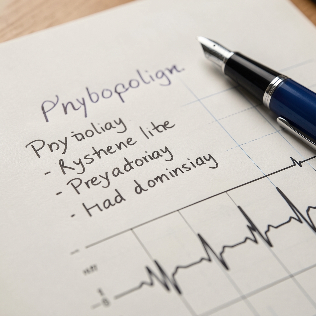Close view of handwritten physiology terms beside a heart-rate chart and pen