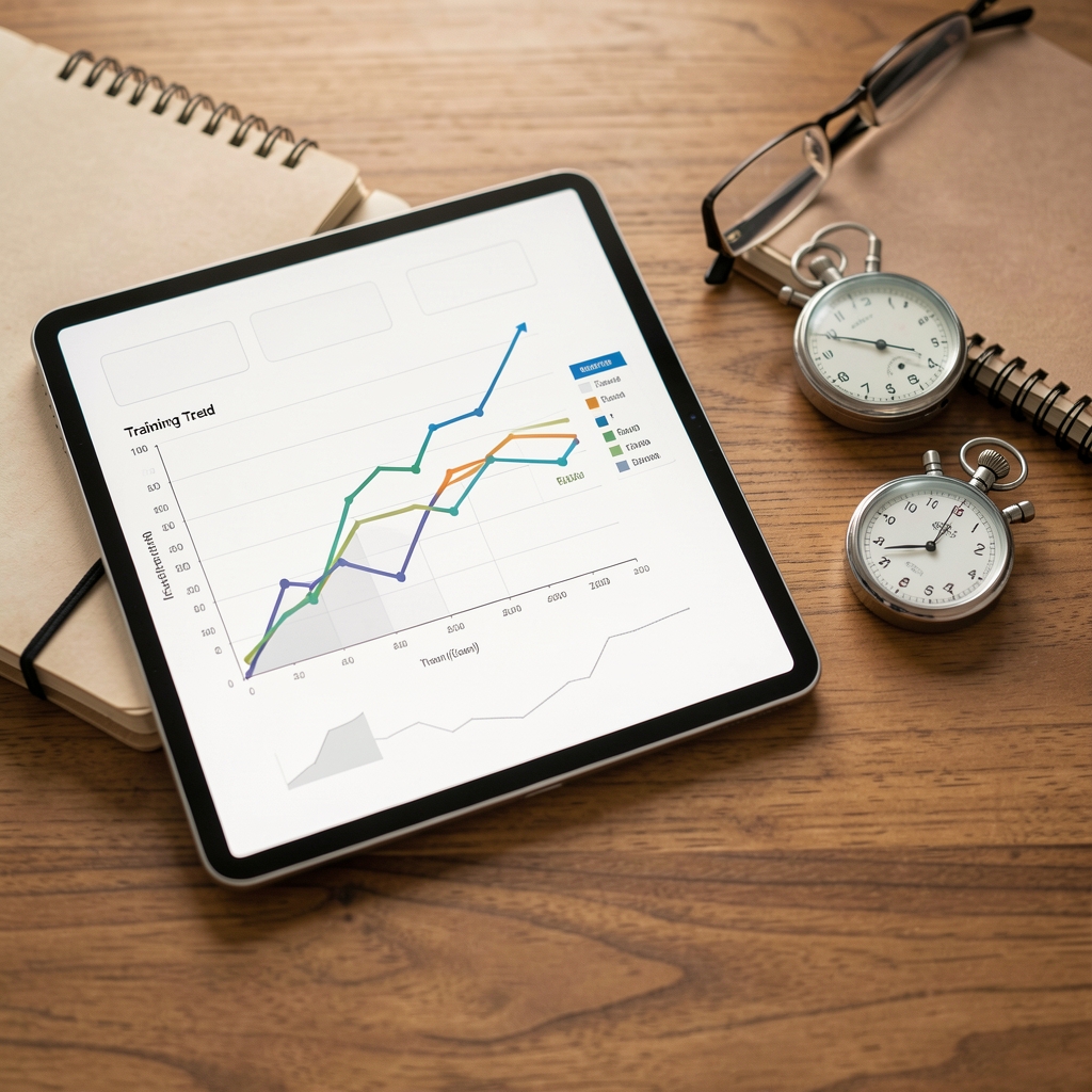 Tablet with a clean training trend chart beside a notebook and stopwatch on a wooden desk