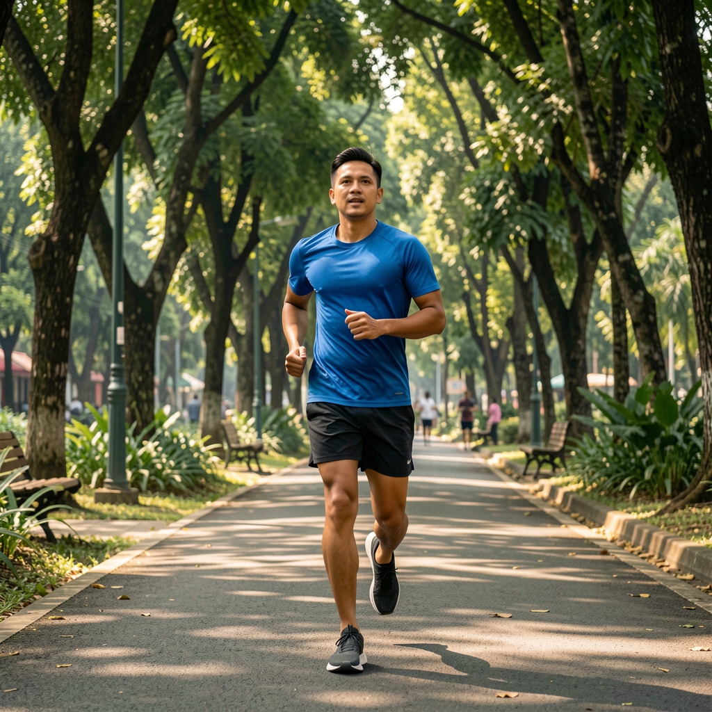 Adult runner moving at a conversational pace along a shaded Jakarta park path