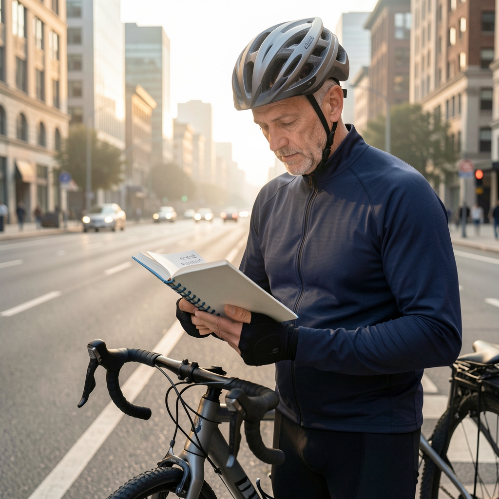 Middle-aged cyclist checking a simple training journal beside a city road at early morning