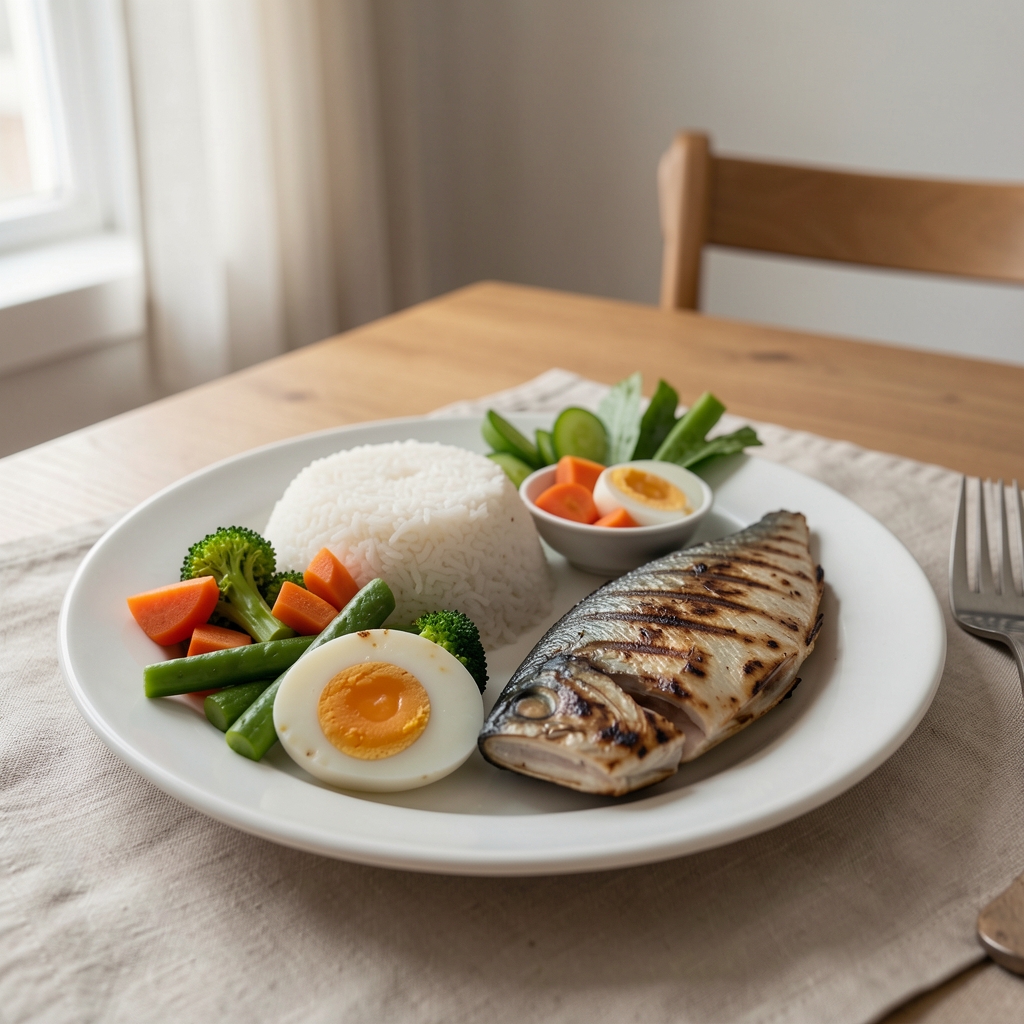 Balanced Indonesian meal with rice, vegetables, eggs and grilled fish arranged on a simple dining table