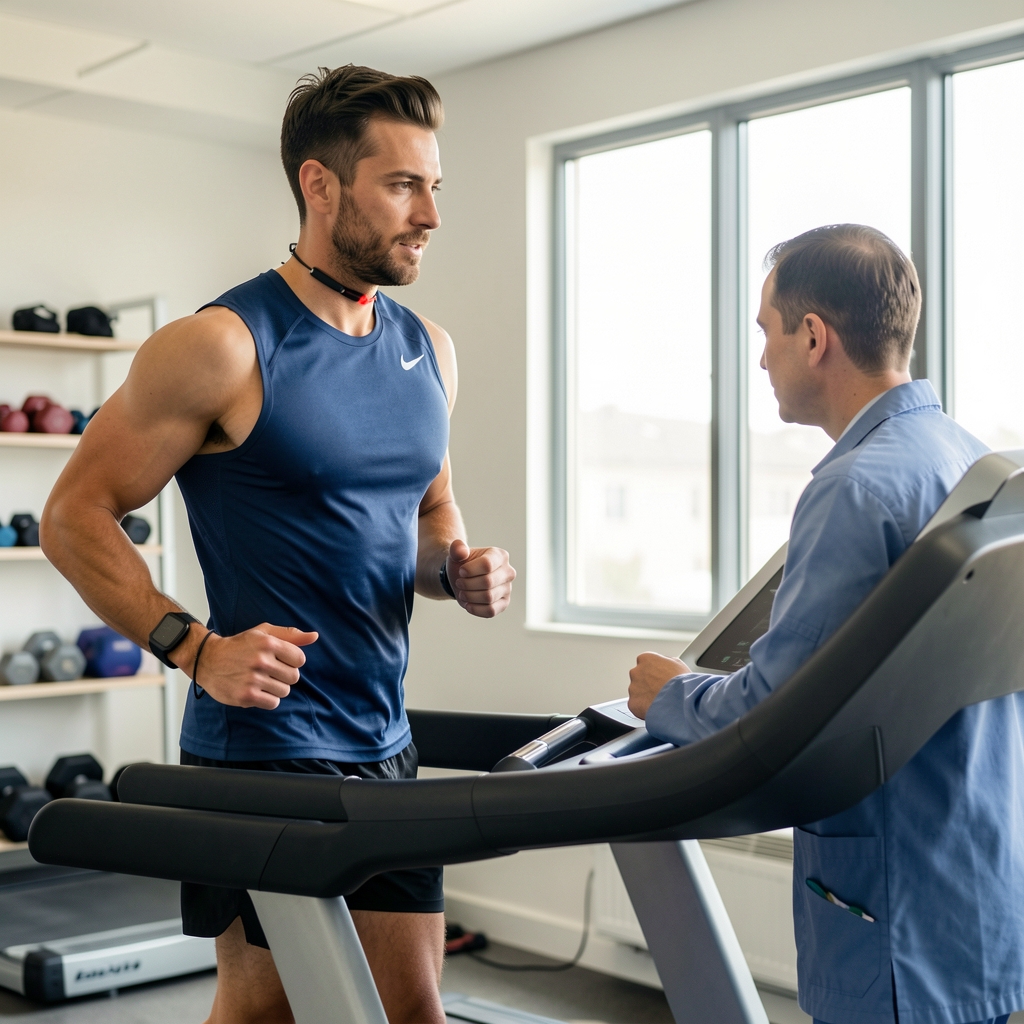 Adult male runner wearing a heart-rate monitor while a physiologist observes a treadmill session