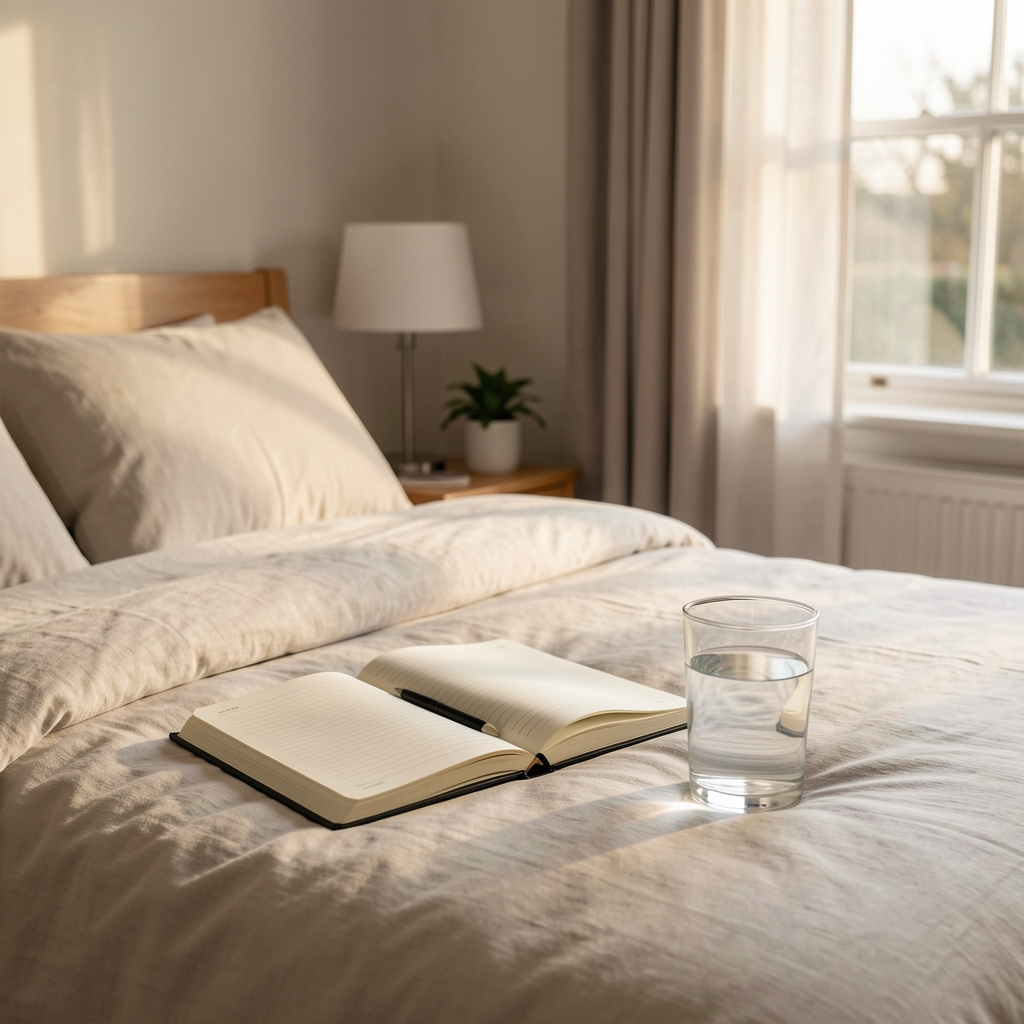 Calm bedroom with morning light, journal and glass of water prepared for a recovery routine