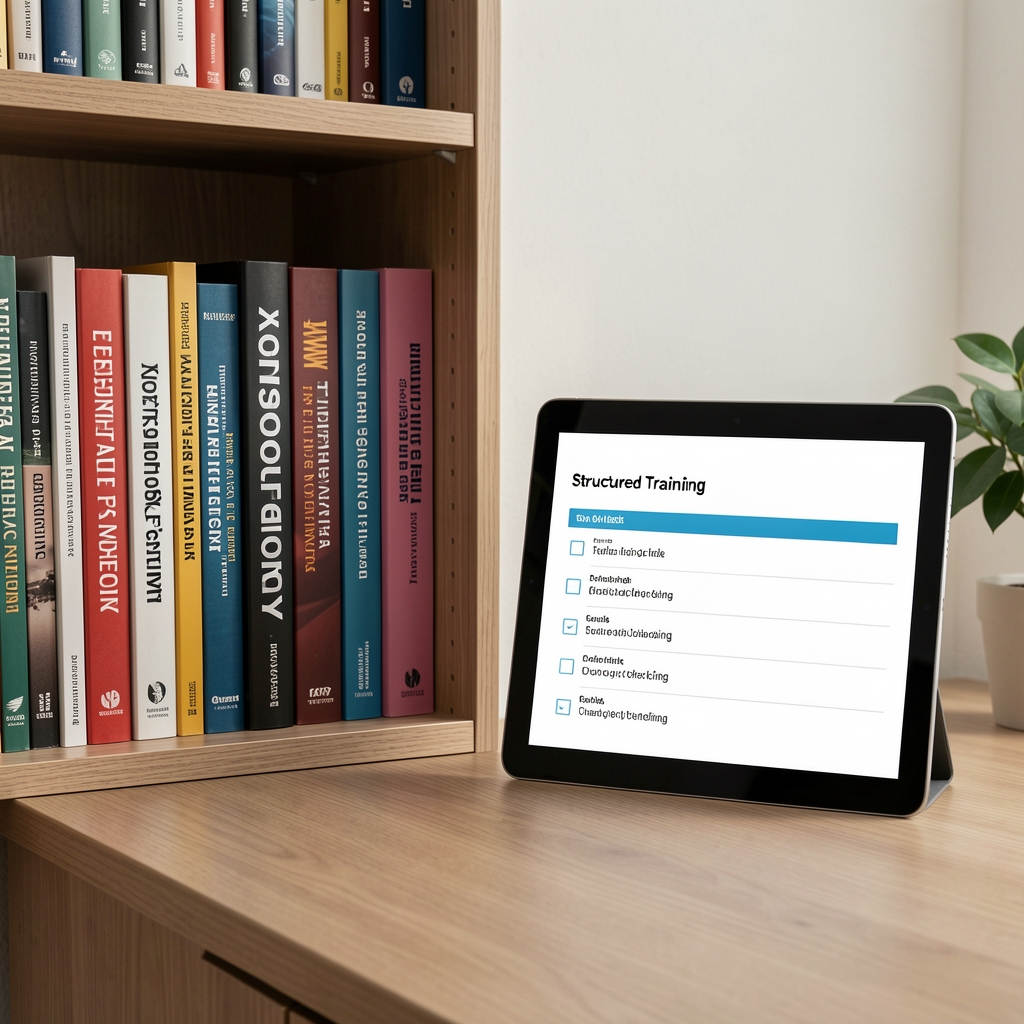Shelf of sports physiology books beside a tablet displaying a structured training checklist