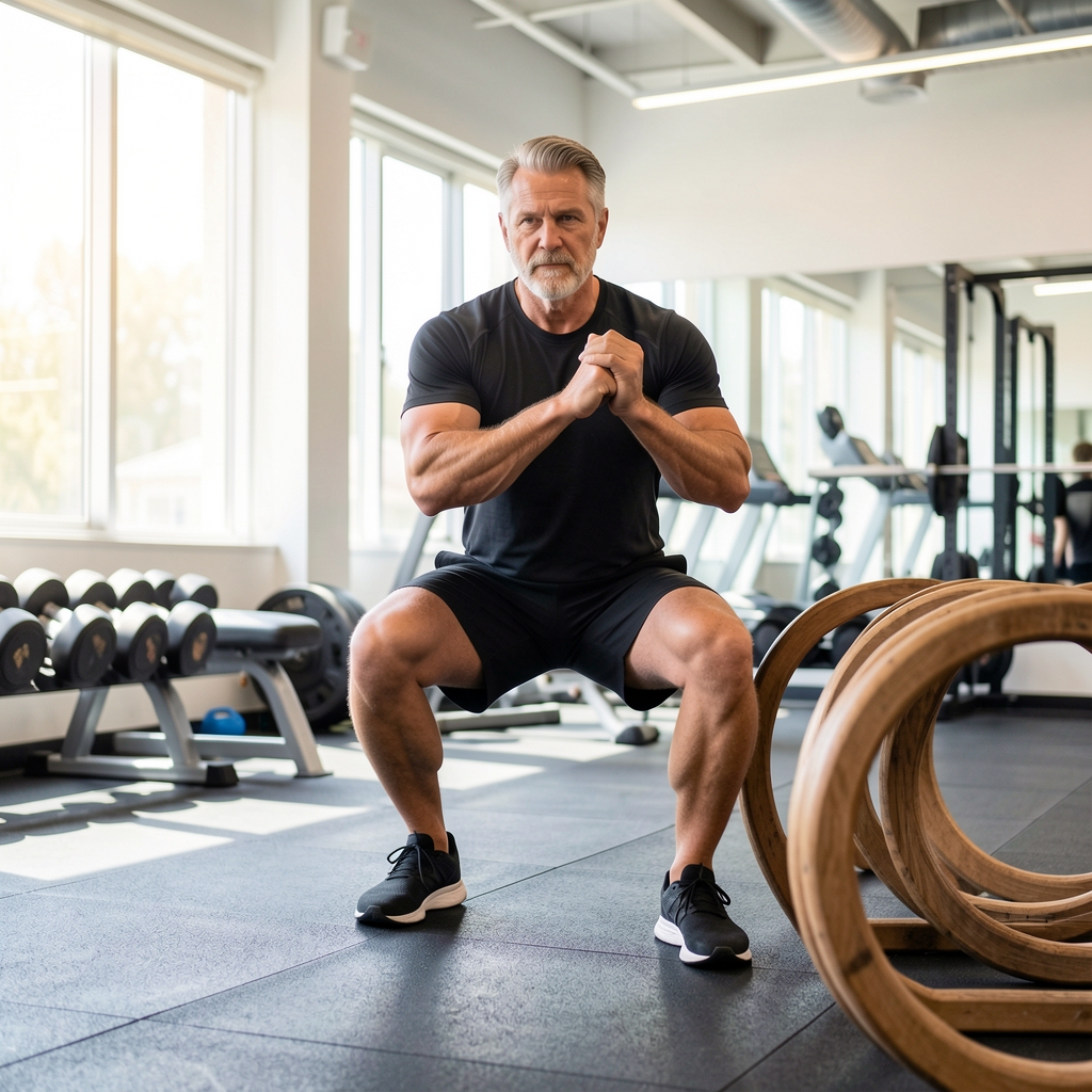 Mature male athlete practicing a controlled split squat beside wooden rings in a bright gym